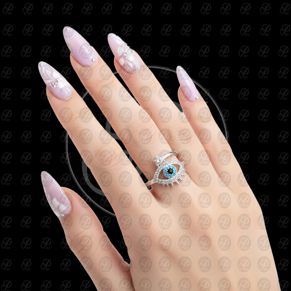 ANILLO MEDIA VUELTA ESOTERICO OJO PESTAÑAS Y R-3 PUNTA AZUL CLARO