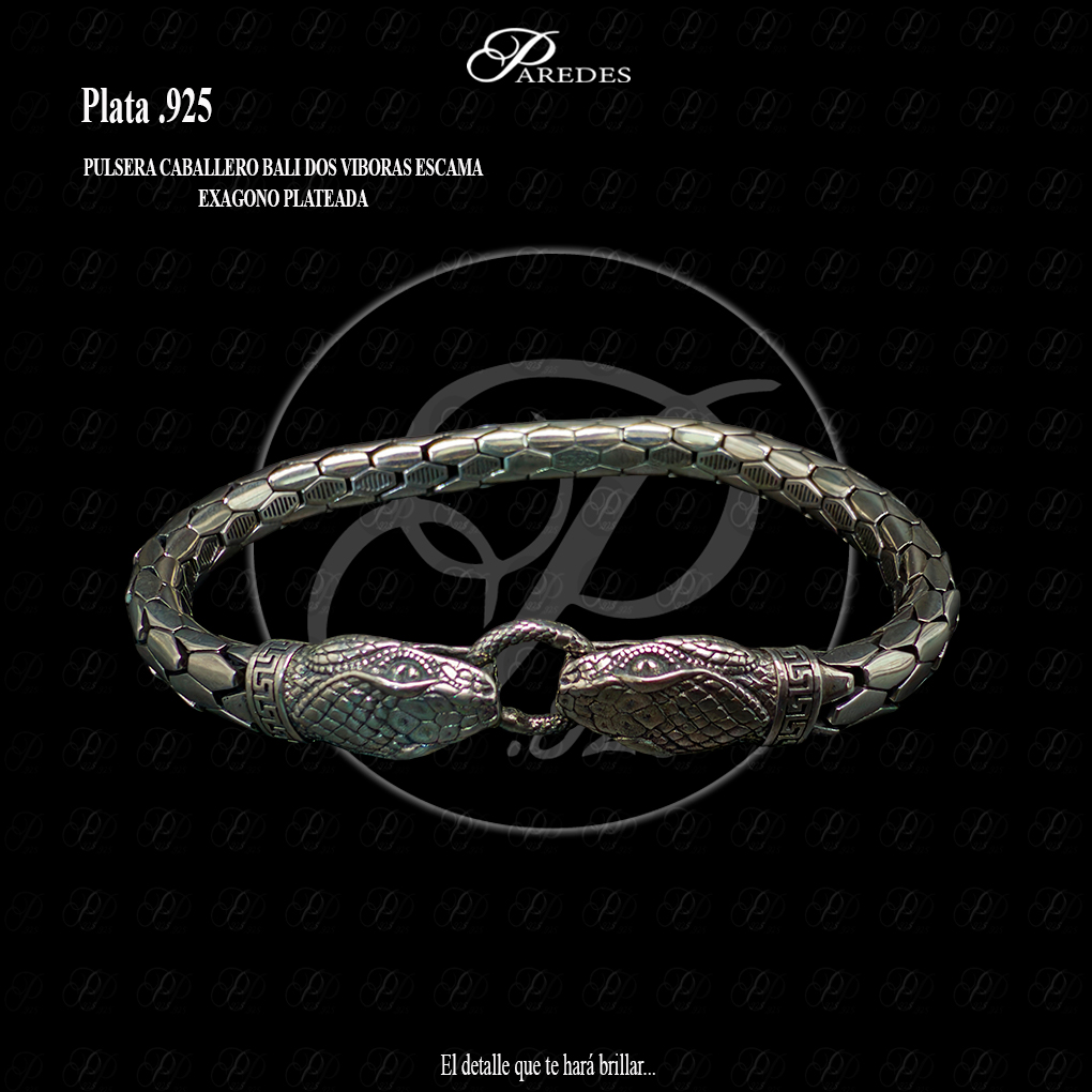 PULSERA CABALLERO BALI DOS VIBORAS ESCAMA EXAGONO PLATEADA