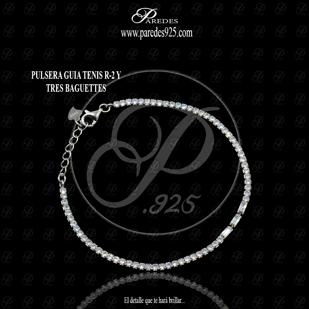 PULSERA GUIA TENIS R-2 Y TRES BAGUETTES BLANCOS